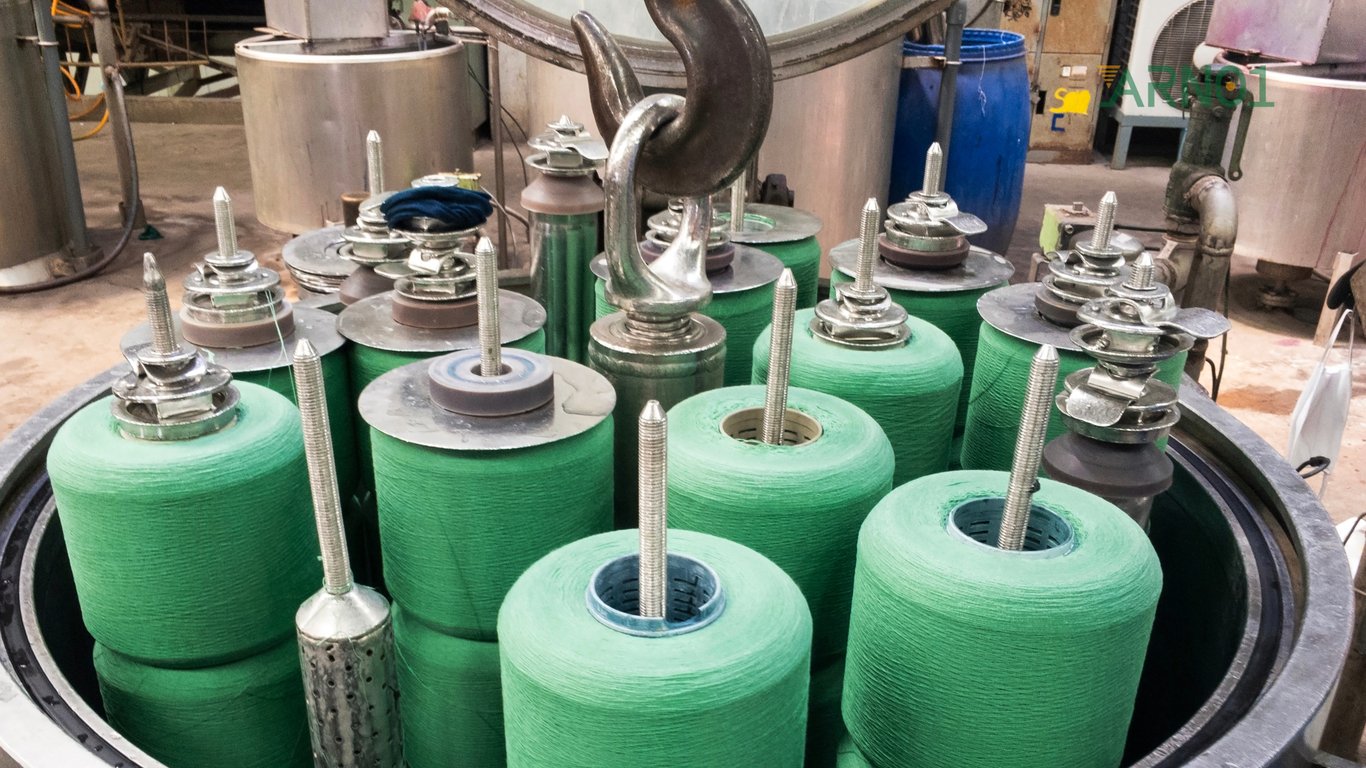 Core-spun yarn production process, dyeing stage. Final products include sweaters, socks, and other clothing.