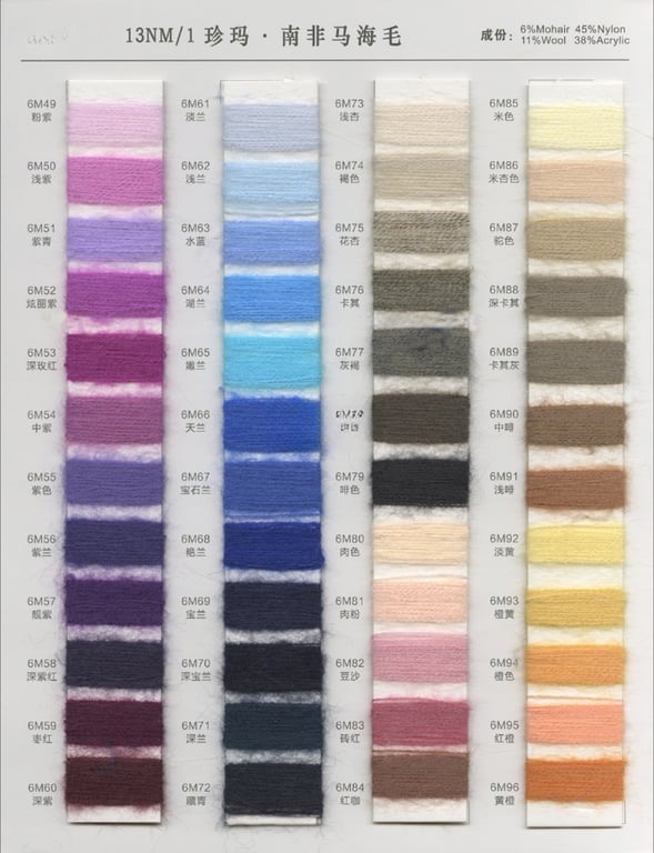 Fancy yarn color card, 13nm/1 low ratio mohair color card, 6% mohair 11% wool 38% acrylic 45% nylon blend yarn color card, 13nm/1 Jenma South African mohair color card