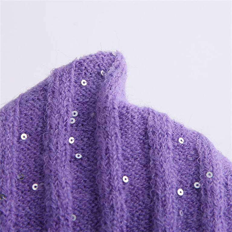 Sequined yarn fabric display, purple yarn with sequins
